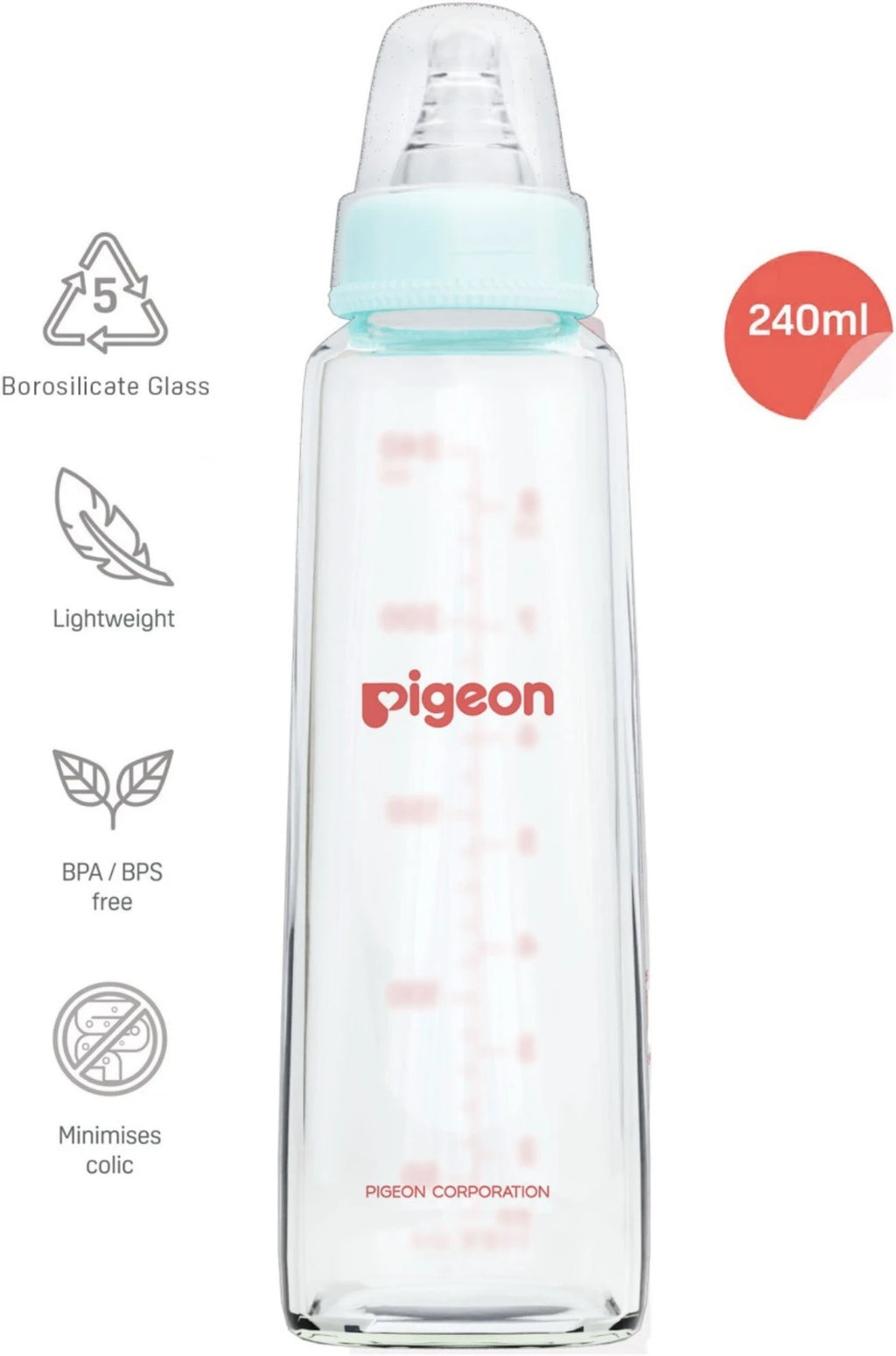 Pigeon GLASS FEEDING BOTTLE PALEWITH ADD NIPPLE L - 240 ml