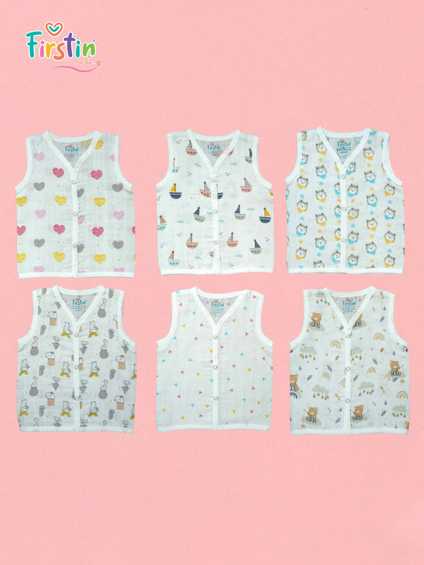 FIRSTIN Muslin Jabla Snap Button Sleeveless Assorted (3 Pcs combo pack) (6 pcs combo pack