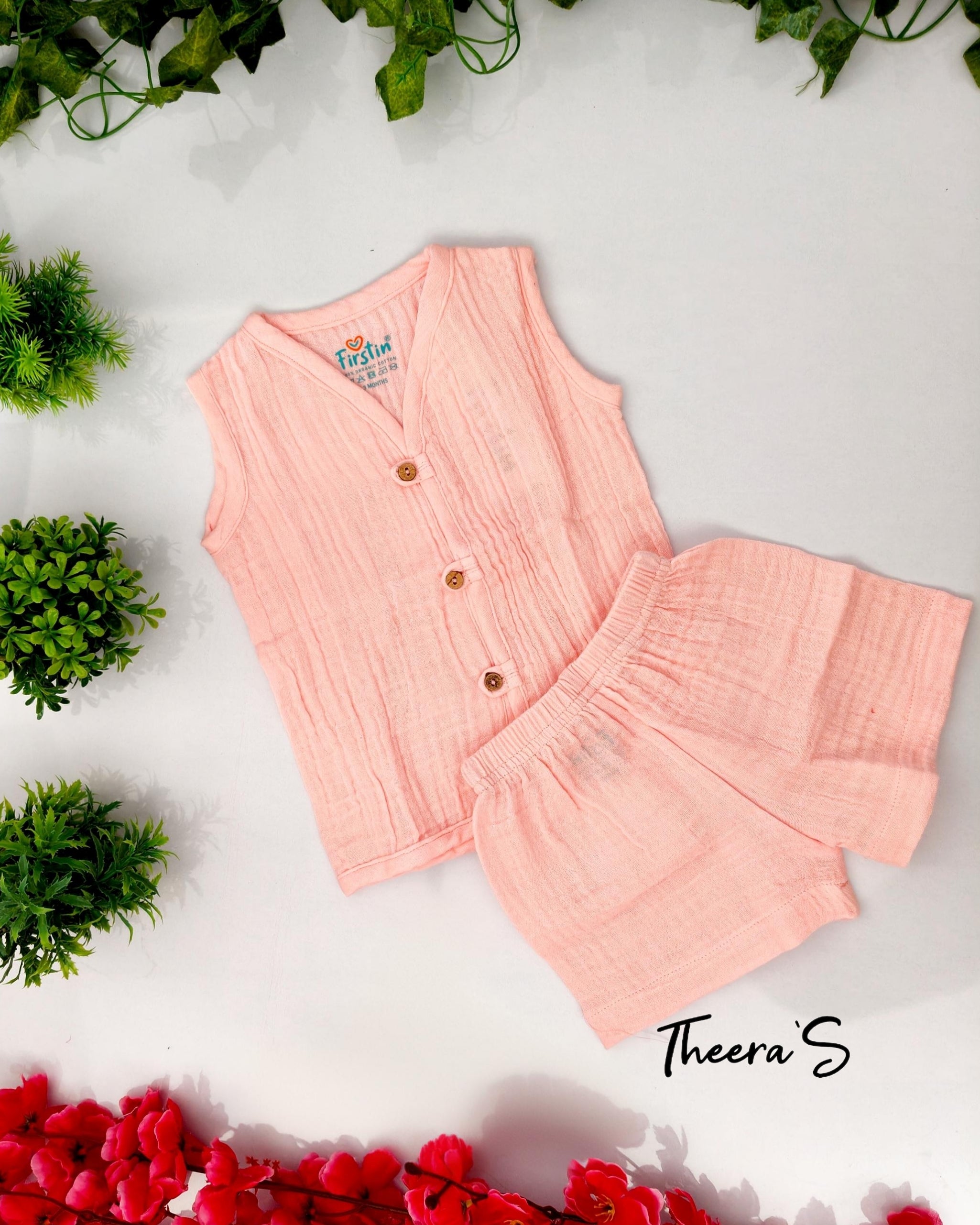 FIRSTIN CRINKLED MUSLIN LOOPS JABLA SHORTS SET (0-24 Months) Sleeveless