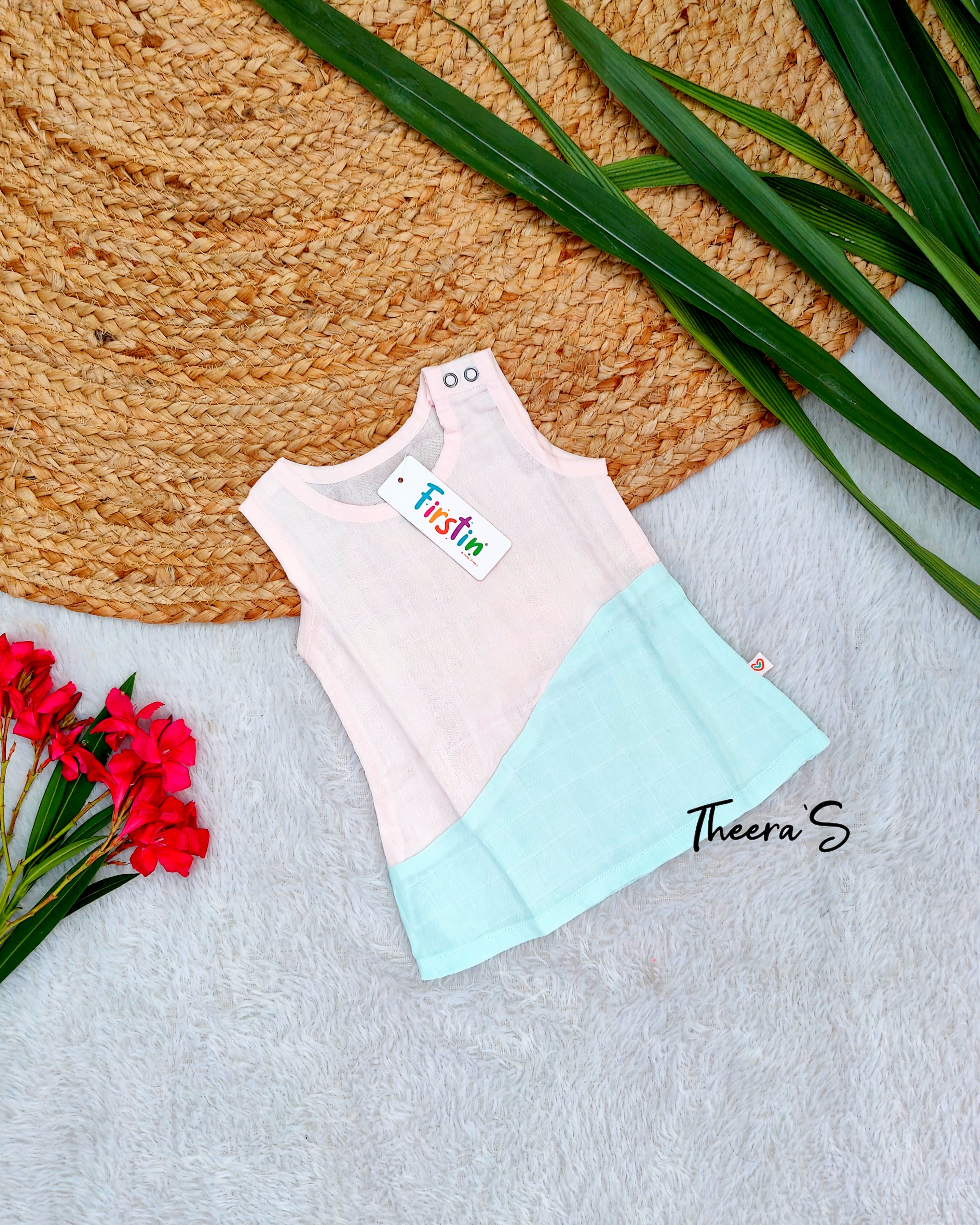 FIRSTIN Muslin Duo Frock - Salsa Rose