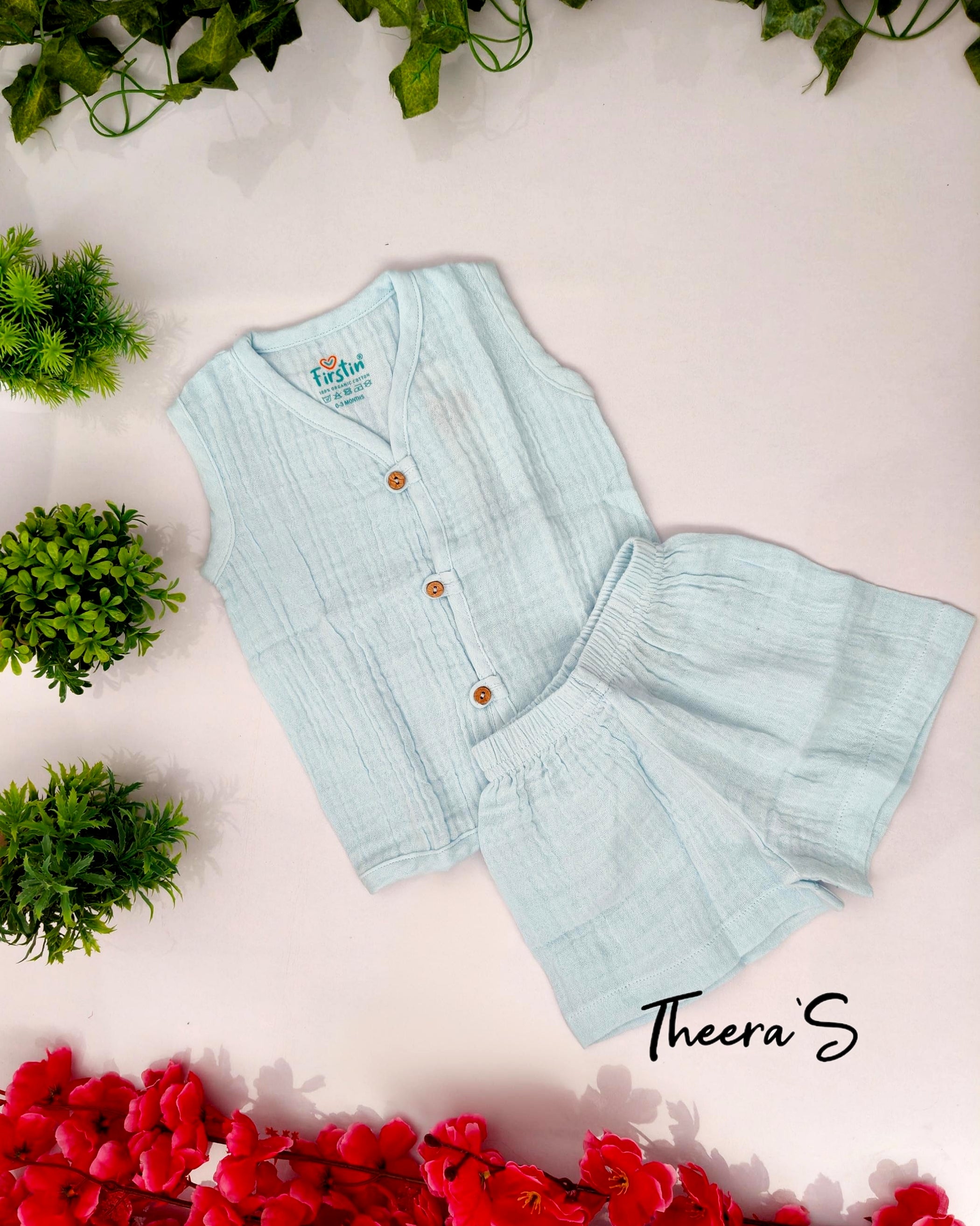 FIRSTIN CRINKLED MUSLIN LOOPS JABLA SHORTS SET (0-24 Months) Sleeveless