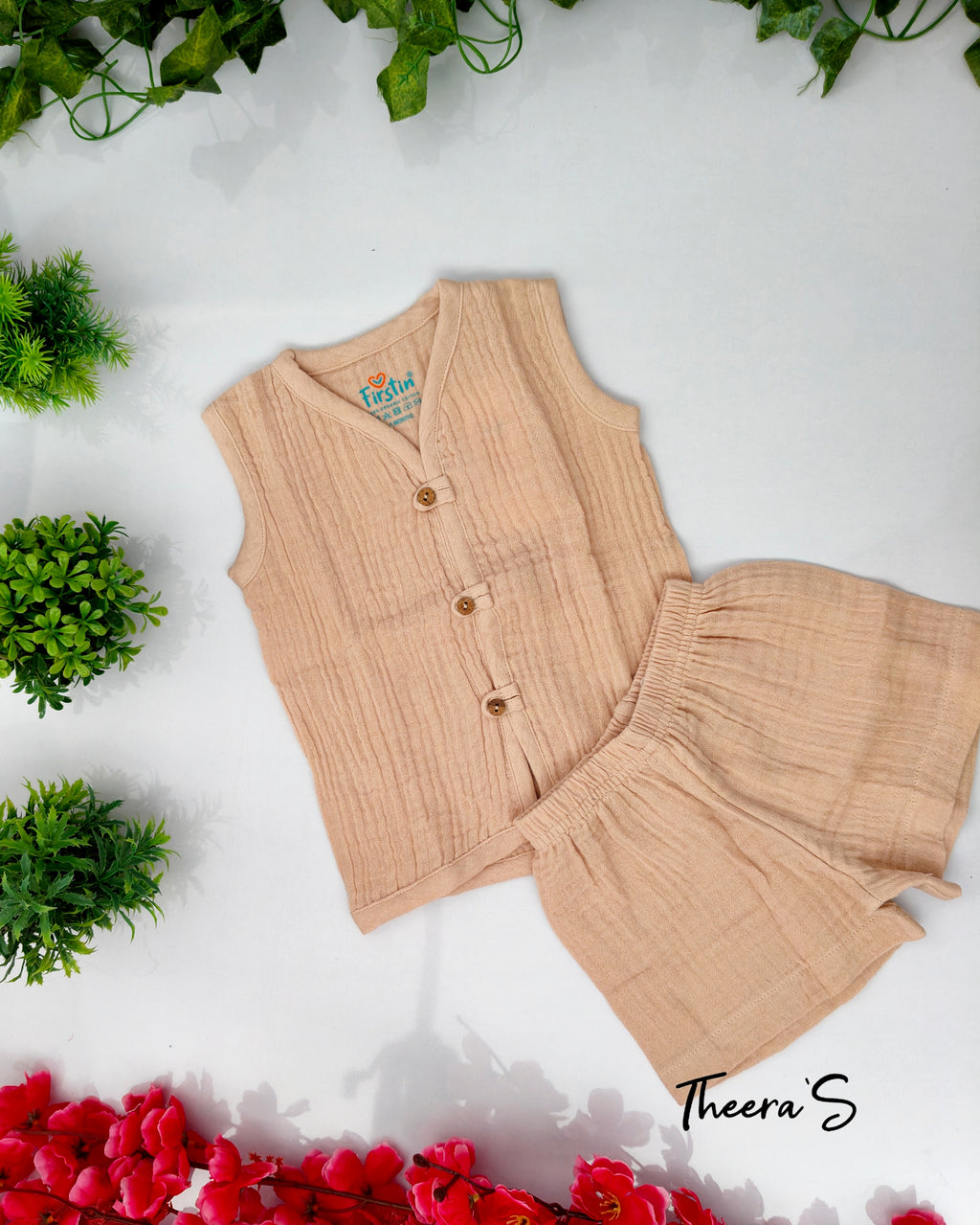 FIRSTIN CRINKLED MUSLIN LOOPS JABLA SHORTS SET (0-24 Months) Sleeveless