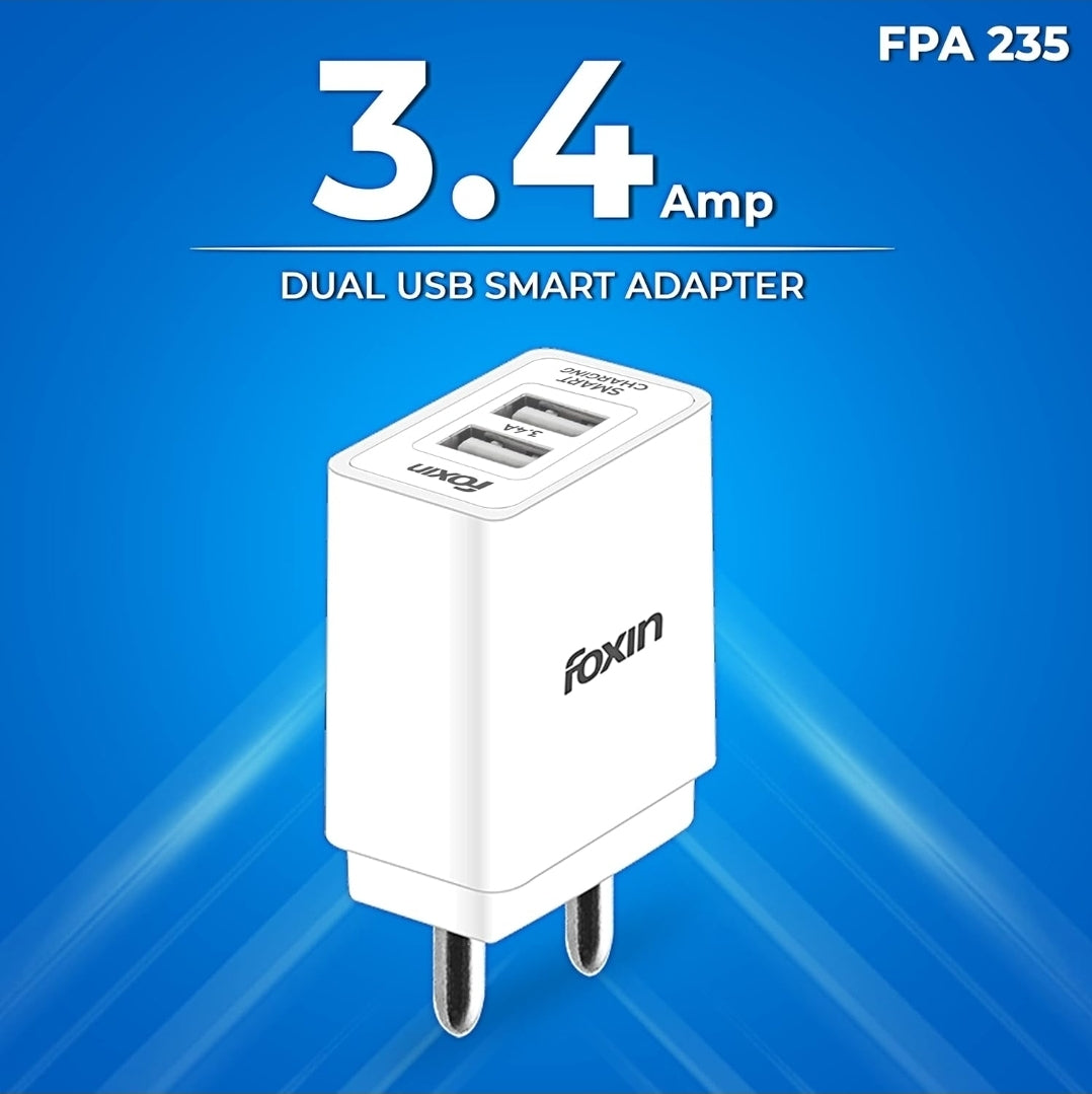 Foxin Fpa-235 Super Flash Dual Usb Port 3.4 A Quick Charge Usb Universal Compatible Auto-Detect Technology Bis Certified Fast Power Adapter With 1.2 M Type C Usb Cable For Cellular Phones (White