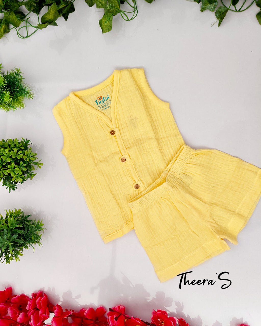 FIRSTIN CRINKLED MUSLIN LOOPS JABLA SHORTS SET (0-24 Months) Sleeveless